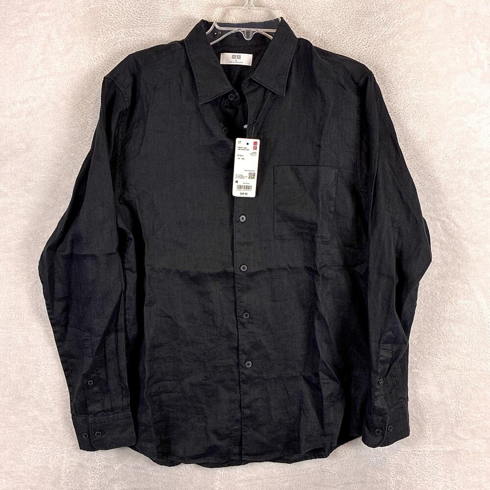 Uniqlo Shirt Mens M Black Linen Preppy Old Money Classic Beach Going Out NWT